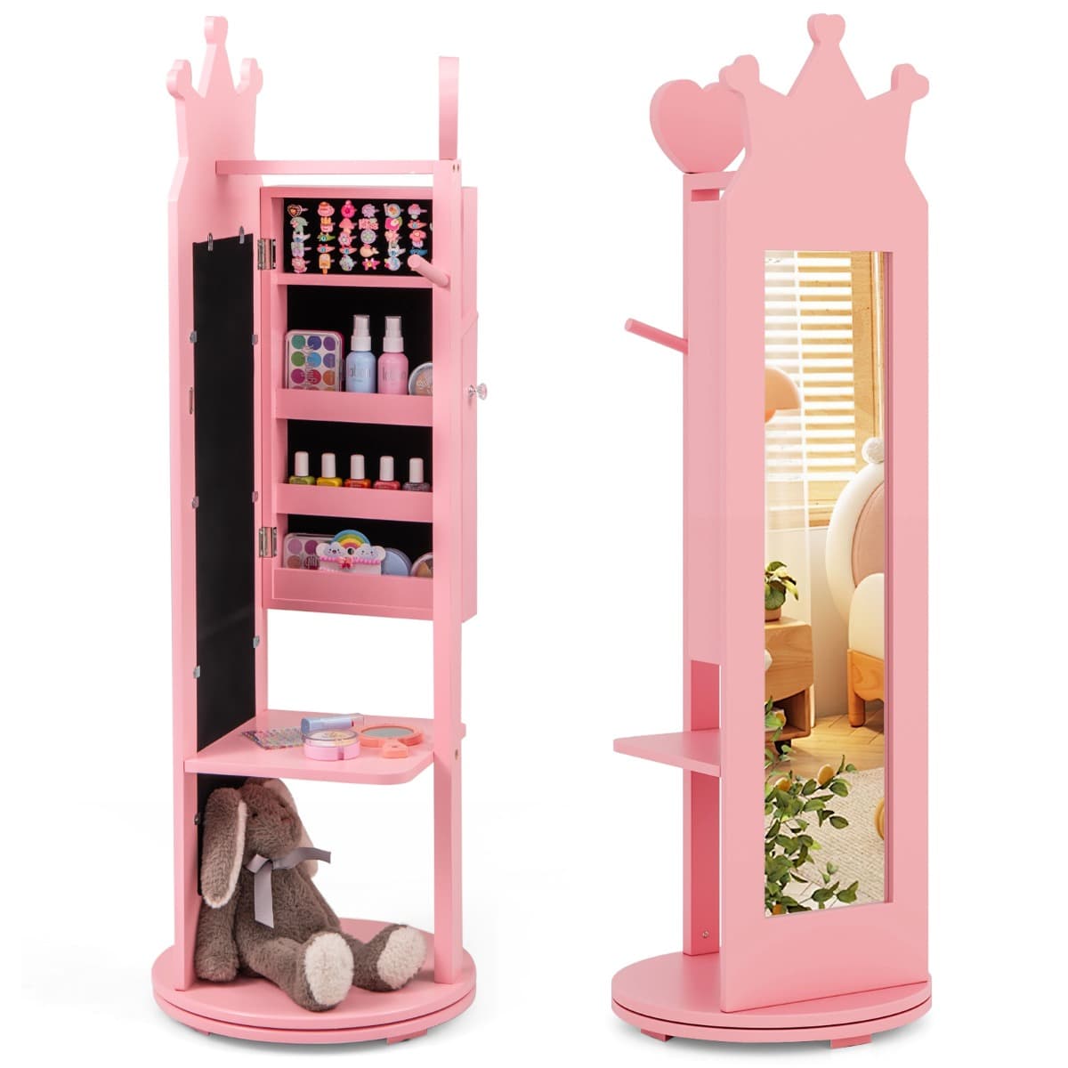 CostwayArmoire à Bijoux pour Enfants Miroir sur Pied Base Pivotante Support à Vêtements Crochets Etagères et Tiroir Motif Couronne Rose