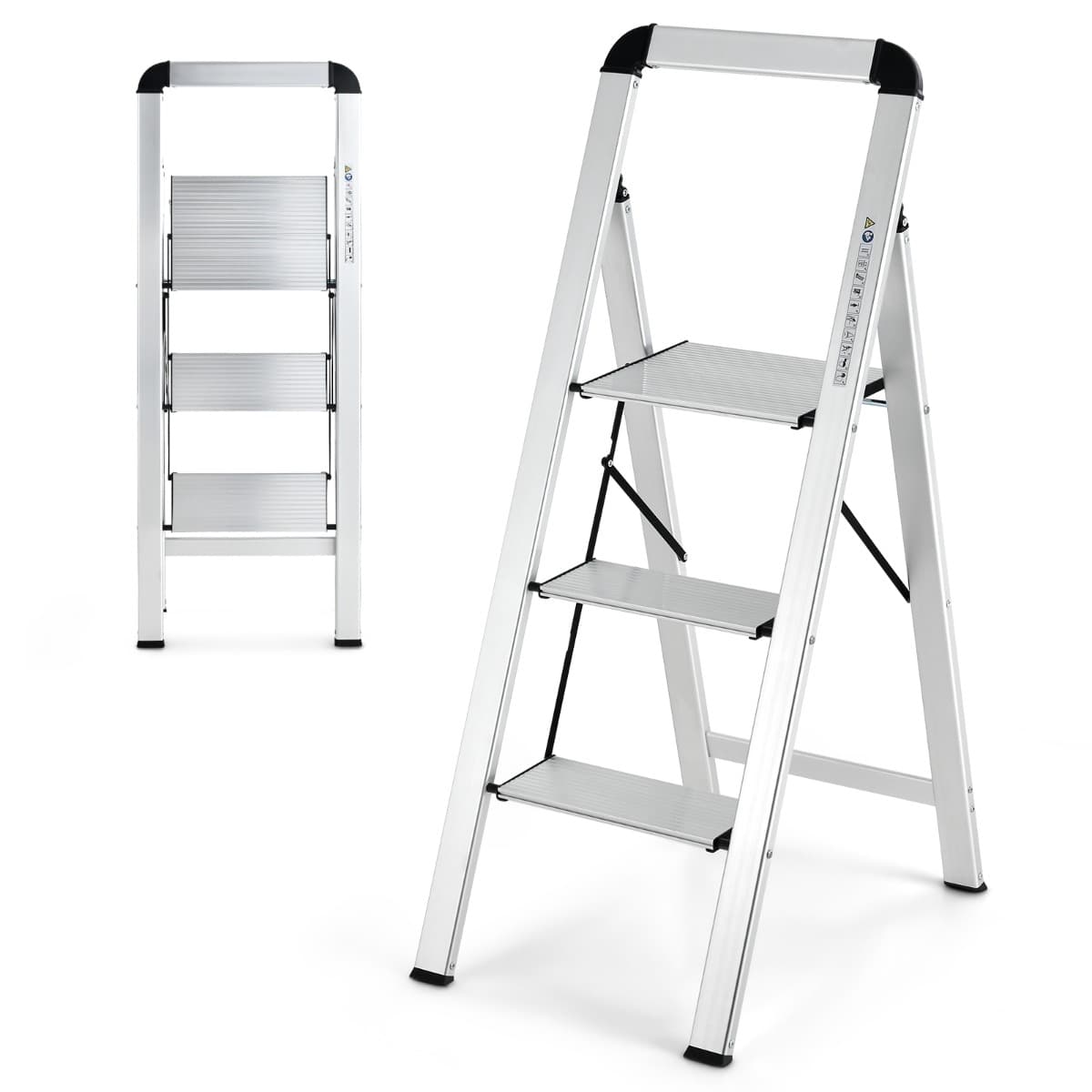 CostwayMarchepied Pliable 3 Marches en Aluminium Escabeau Portable avec Plateforme Large Marche Antidérapante Pieds en Caoutchouc Charge 150KG 62 x