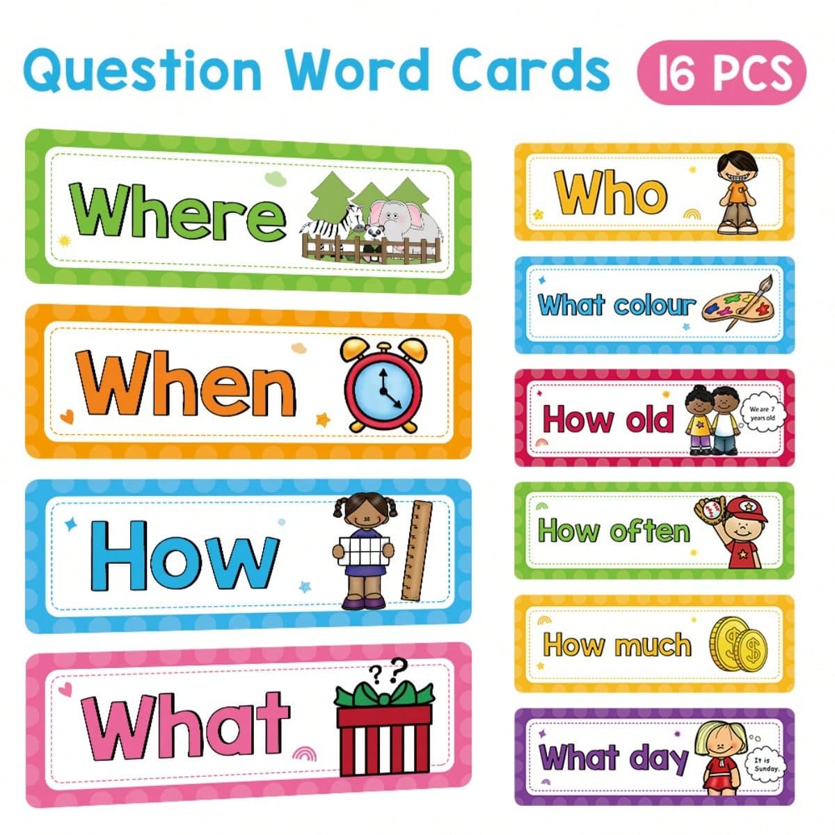 Ensemble de 16 cartes éducatives, Apprendre les mots interrogatifs, Annonces pour panneau d'affichage, décoration de salle de classe, aides Ã