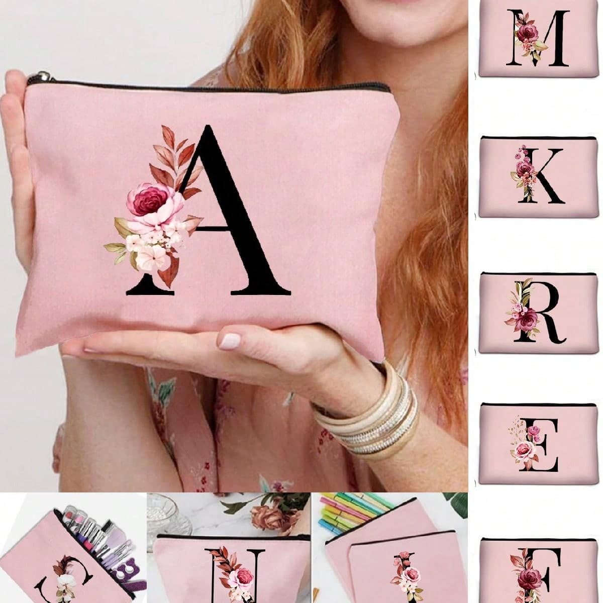 Sac cosmétique Sacs à maquillage Portefeuille Lettres d'initiales A-Z Organisateur de produits de toilette Pochette Sac de lavage Sac à fermeture