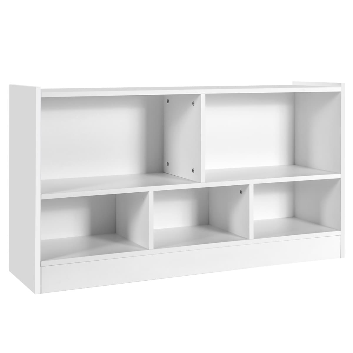 CostwayBibliothèque pour Enfants 111x30x61,5 CM avec 5 Compartiments et Patins Antidérapants pour Jouets Livres Poupées Blanc