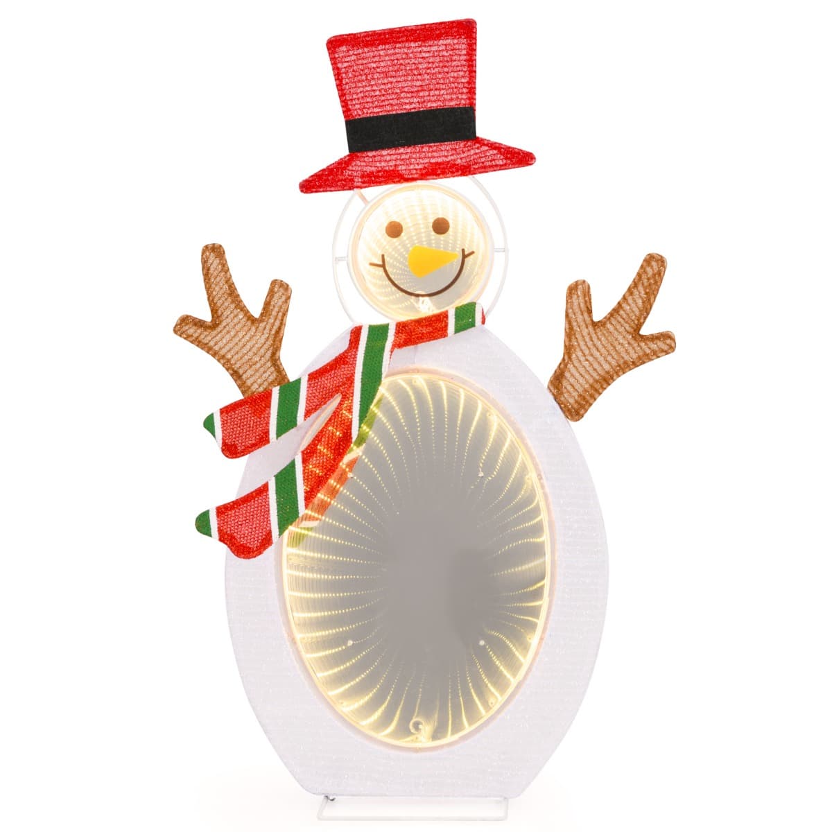 CostwayDécoration de Noël 2D Bonhomme de Neige Pré-éclairé de 75 Perles de Lumière LED 2 Miroirs Lumineux Infinis Chapeau Haut de Forme Echarpe