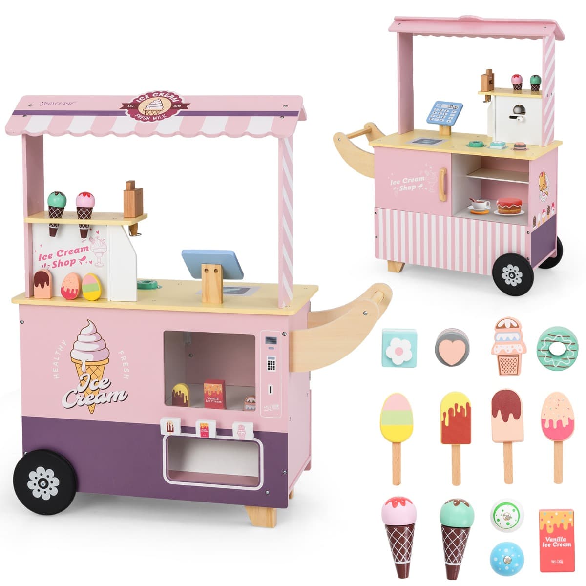 CostwayChariot à Glaces pour Enfants Stand de Glaces pour Tout-petits Distributeur Automatique et Jouets Présentoir Ecran pour 3+ Ans Rose